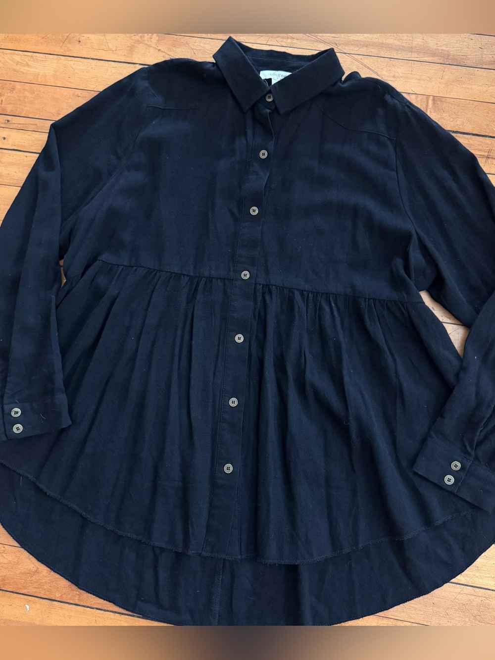 Umgee Black Linen Blend Long Sleeve Peplum Button Down Shirt with Notched Collar